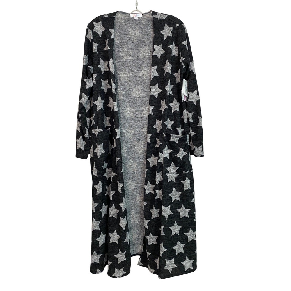 Big Stars Print Unicorn LuLaRoe Sarah Duster Cardigan Charcoal Gray White M NWT